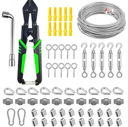 Cable de Acero Plastificado 3 mm, Fabricado en Acero Inoxidable, con 30 Metros de Longitud, Incluye Tensores de Cable de Acero, para Luces de Cadena, Tendederos y Cuerdas para Colgar Cortinas