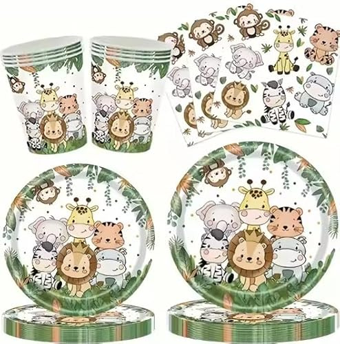 Kit Fiesta Safari Animales 120 Piezas – Vajilla Desechable Biodegradable con Platos, Vasos, Servilletas, Mantel, Banderines e Invitaciones – Ideal Cumpleaños Infantil, Baby Shower y Fiestas Escolares