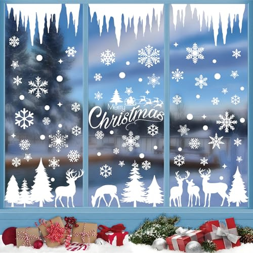 Autocollant Noël Fenêtre, Decoration Noel Interieur Maison Stickers Sapin de Noel Fenetre Réutilisable Amovible pour Magasin Vitre Vitrine Porte, Grand Blanc Autocollants Hiver Flocon Neige Sticker