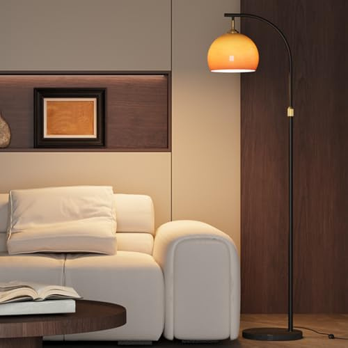 KlkrzJwy Nordic Orange Glass Floor Lamp Arc Height Adjustable Floor Light Marble Base Tall Lamp with Globe Glass E26 Dimmable Standing Fixtures for Living Room Sofa Area Study Bedroom