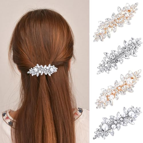 4Pcs Strass Haarspangen, BetterJonny Kristall Perle Haarspangen Blume Sparkle Haarnadeln Französische Hochzeit Abschlussball Haarspange für Frauen Mädchen Braut