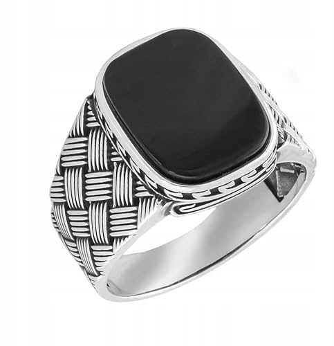 Ulex Premium 925 Sterling Silber Ringe Herren Siegelring Rechteckig Onyx Gitter Design Oxidiert Poliert Handgefertigt Eleganter Männer Schmuck Trend Größe 57