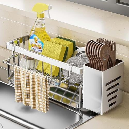 EPODA Kitchen Spülbecken Organizer - Küche Spüle Organizer mit Abflusspfanne, Abnehmbarer Spültuchhalter
