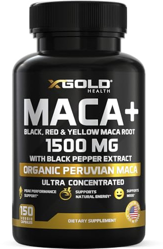 X Gold Health Organic Maca Root Capsules 1500mg - Peruvian Black, Red & Yellow Maca - Energy, Stamina, Libido & Hormone Balance Support for Men & Women - Vegan, Non-GMO - 150 Veggie Capsules