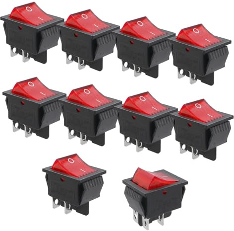 WITTKOWARE 10 Stück Kontroll-Wippenschalter, Einbaumaße 30x22mm, Snap-In, 2-polig, EIN/AUS, 16A/250V~, LED-Beleuchtung, rot