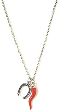 Moda Mavilla Collier femme en acier avec corne porte-bonheur et pendule cheval travaillé à la main fabriqué en Italie, Acier inoxydable