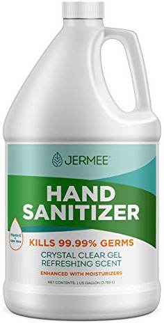 JERMEE Moisturizing Hand Sanitizer Gel, 70% Alcohol - Kills 99.99% Germs, Enhanced with Vitamin E and Aloe Vera - Crystal Clear Gel, Refreshing Scent, Made in USA - 1 Gallon