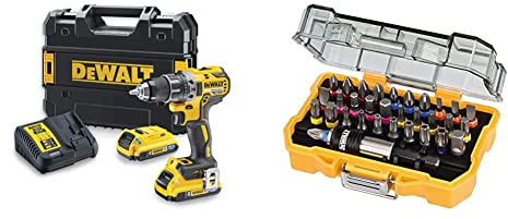 DEWALT - Perceuse Visseuse Compact Brushless XR 18V Li-Ion 2Ah - DCD791D2-QW & Coffret de 32 Embouts de Vissage de 25mm Robustes et Précis - DT7969-QZ – Assortiment de 32 Embouts de Vissage