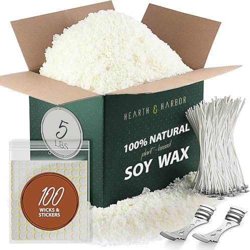 Hearth & Harbor Soy Candle Wax for Candle Making - Natural Soy Wax for Candle Making 2.25 kg Bag, Premium Soy Wax Flakes, 100 Cotton Candle Wicks, 100 Wick Stickers, & 2 Centering Devices