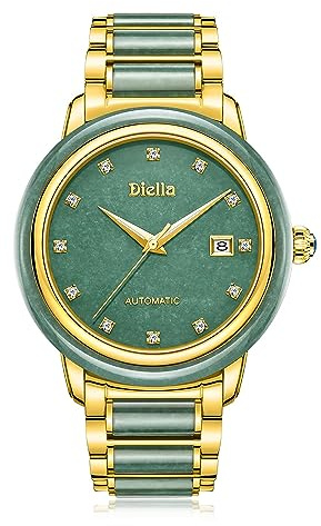 Diella Automatik Uhren Herren Luxus Grün Jade und Gold Männer Mechanische Uhren mit Leuchtender, Selbstwindender, Wasserdicht Geschenke für Männer