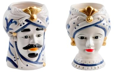 Teste di Moro Coppia Re e Regina Caltagirone, Stile Ceramiche Siciliane, Vaso Testa di Moro in Ceramica Bianco e Blu 12x18 cm