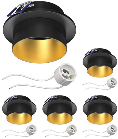 ledscom.de 5x Deckeneinbaurahmen KRON, rund, schwarz/gold matt (GU10/MR16/GU5,3/50mm) inkl. GU10 Fassung