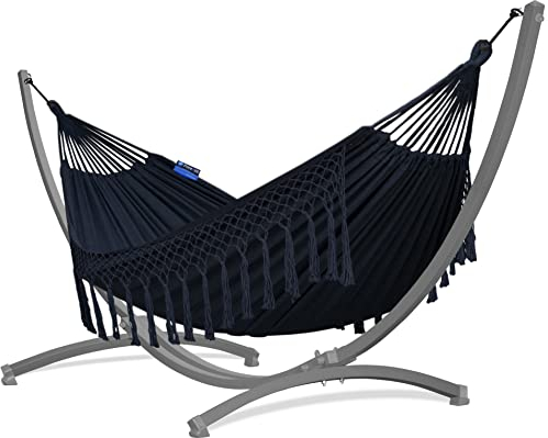 Potenza Outdoor Hängematte mit Verzinkter Gestell für 2 Personen I Baumwolle Doppelhängematte XXL 220x160, 200kg I Hängemattengestell 220kg, wetterfest (Santia-Schwarz, Gestell Grau)