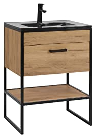 PIASKI Mobile lavabo da 60 cm Brooklin, mobile per lavabo con lavandino, mobile da lavabo con gambe, stile industriale, loft, colore rovere/nero (con lavandino)