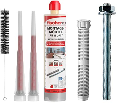 Fischer Schwerlastbefestigungs Set 4 Stück M12x210 FIS Ankerstange verzinkt + 4 Stück Siebhülse + 1 Stück Montagemörtel mit Statikmischer + BTG Bürste
