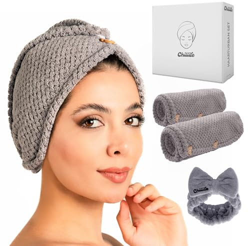 Chillife Premium hårturban-set I huvudhandduk med knapp I mikrofiberhandduk set bestående av 2 turbaner och 1 hårband I snabbtorkande badhandduk I turban I justerbar storlek I i grått