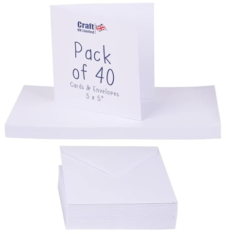 Craft UK, 40 Blank Cards and Envelopes for Card Making, 300gsm, Made in the UK, Lasting Quality, White, 5 x 5-Inch