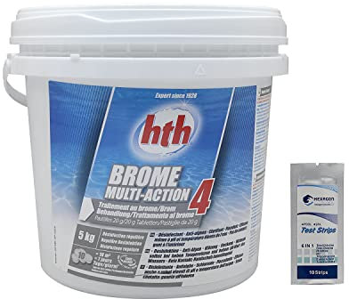 HTH Brome Action 4 Pastilles 20g - 5kg | Brome Lent Multiaction - Désinfection Régulière Multifonction - Dissolution Lente + 10 Tests HPS OFFERTS 6 en 1