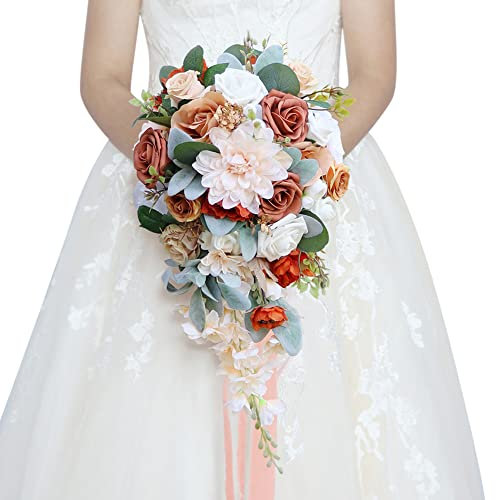 ISAKEN Kaskadierender Brautstrauß Wasserfall Künstliche Seidenblumenstrauß Hochzeitsstrauß Braut Blumenstrauß Rosenblumen mit Band