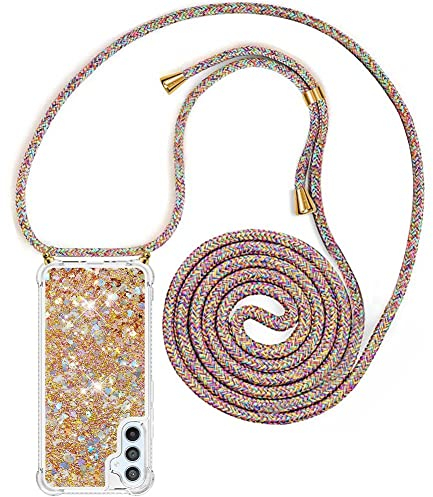 YuhooTech Handykette Hülle Kompatibel mit Samsung Galaxy A34 5G Handyhülle - Quicksand Glitzer Hülle mit Band - Silikon Handyhülle mit Kordel Umhängenband - Schnur mit Treibsand Case zum Umhängen