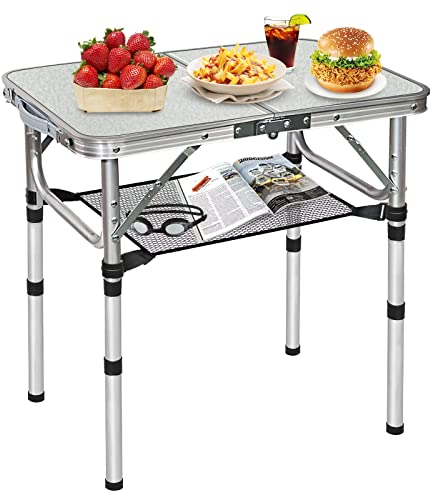 FURFIMU Mesa plegable pequeña con red de almacenamiento, mesa de camping plegable portátil de 24 x 16 pulgadas con 3 alturas ajustables, mesa de metal blanco para playa, patio, barbacoa