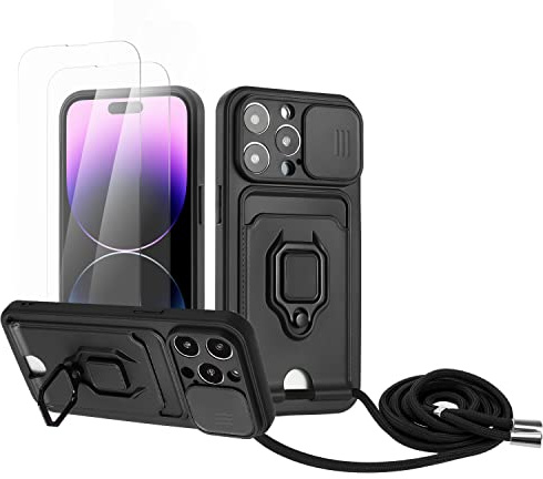 Zallagre Funda con Cuerda Compatible con iPhone 13 Pro,[2 Packs Cristal Templado],Ranura para Tarjetas,Cubierta de Cámara Deslizante Proteger,360 Anillo Soporte-Negro