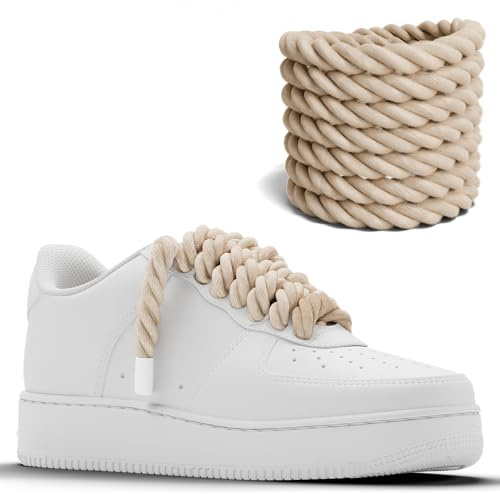 Chunky Laces Cordones de cuerda beige con agallas blancas, 10 mm de grosor, 160 cm de longitud, ideales para zapatillas Air Force 1, zapatos deportivos AF, accesorios personalizados, cordones de