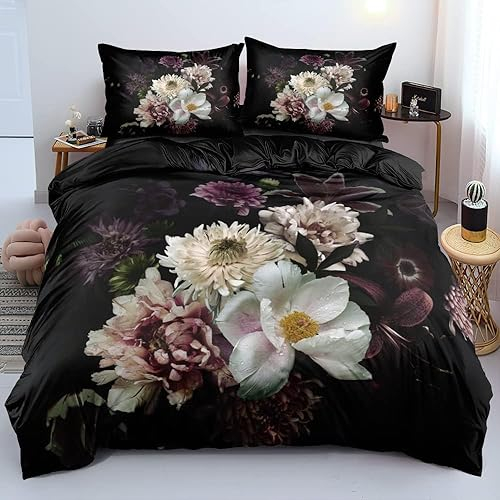 Freyamy 3D Blüten Bettwäsche 135x200cm 2teilig Schwarz Weiß Blumen Bettwäsche Romantisch Floral Mädchen Bettwaren-Sets 100% Microfaser Bettbezug mit Reißverschluss und Kissenbezug 80x80cm