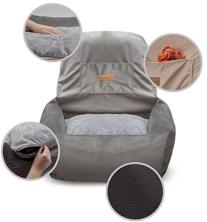 KEFI animals Hunde-Autositz für kleine Hunde und Welpen, Hunde-Auto-Reisebett mit Plüschkissen, mit aufgenähter Tasche für Hundeleine, Antirutsch-Boden, Befestigungsgurt, waschbar