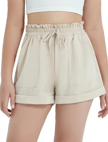 EXARUS Sommer-Shorts für Mädchen, lässig, Kinder, weites Bein, bequem, Boho-Stil, hohe Taille, zum Überziehen, Paperbag-Shorts mit Kordelzug und Taschen, Beige, 164