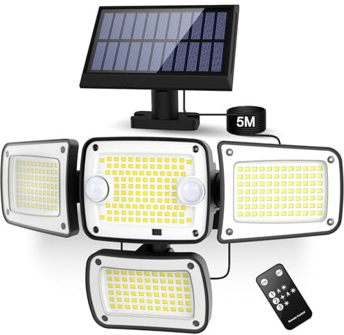 Rafow Solarlampen für Außen mit Bewegungsmelder - Dualsensor 342 LED 4000LM 7000K für Sicherheitsbeleuchtung im Außenbereich – IP65 wasserdicht & Flutlicht mit Fernbedienung für Hof,Garten 5m Kabel