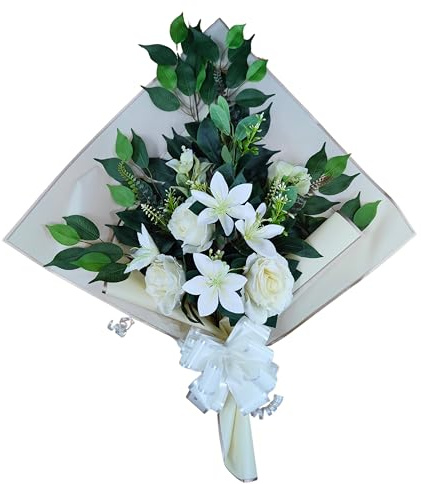 DRW Ramo de Flores para Cementerio Ramo Flores Artificiales con Jarron para Meter en el Bote del Jarron 78x63x20 cm (Lirios Blancos)