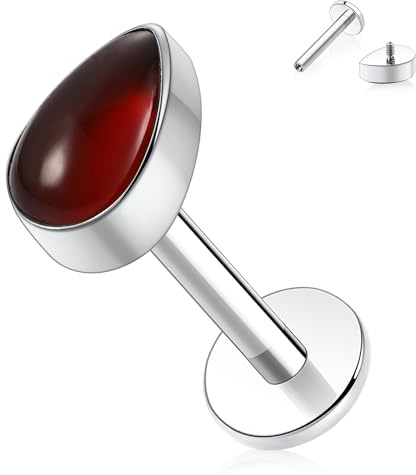 AROWRO Flacher Rücken Ohrring Tragus Helix Conch Medusa Monroe Piercing Schmuck Vertikales Labret Lippenschmuck Innengewinde Titan Nasenring 16G 10mm Silber Roter Achat