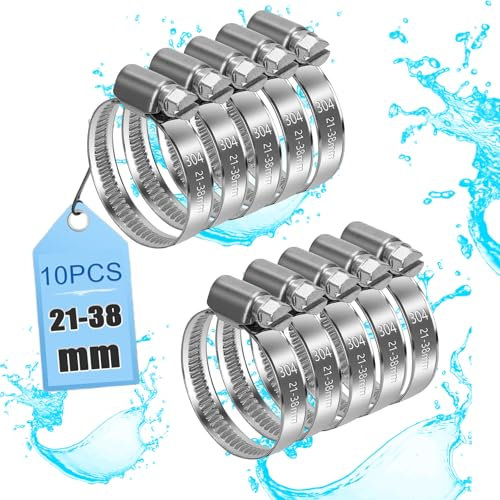 moveland Lot de 10 colliers de serrage en acier inoxydable 304 - 21-38 mm - Colliers de serrage réglables - N'endommage pas le tuyau - Pour jardin, piscine