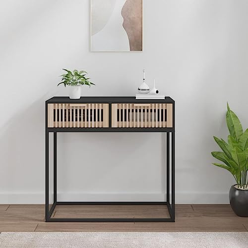 FENLAX Konsolentisch mit Schublade 80x30x75 cm Konsolentisch mit Ablagen Beistelltisch mit Schublade Flurtisch Sideboard Telefontisch Holz Couchtisch Kiefernholz&Eisen Schwarz