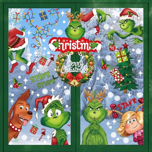 Fensterbilder Weihnachten, Weihnachten deko, 8/9 Blatt Wiederverwendbar Doppelseitiger Weihnachtsdeko Fenster, für Weihnachten Party Zuhause Fensterdeko (Grün)