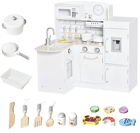 HOMCOM Kinderküche Spielküche mit elektronischem Wasserspender, Mikrowelle und Kühlschrank, Eck Puppenküche mit Backofen, Kochgeschirrset, Küchenzubehör für Kinder ab 3 Jahren, Weiß