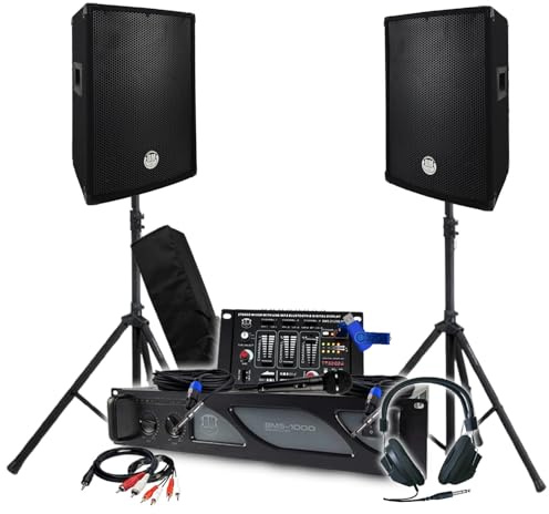 Bmsonic Set Sono BM Verstärker, 1000 W, Paar passive Lautsprecher, 2 x 400 W, Mischpult, Füße, DJ-Kopfhörer, Kabel und Mikrofon