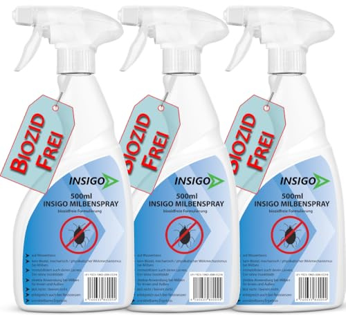 Biozidfreies Milbenmittel 3x500ml – mechanische Wirkung gegen Milben auf Matratzen – Effektives Mittel gegen Hausstaubmilben im Haus – biozidfreie Milben Lösung von INSIGO