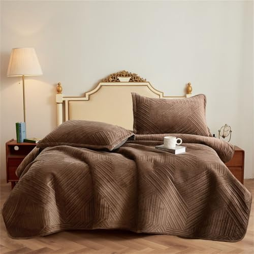 Morbuy Couvre Lit Matelassé 2/1 Personnes, Douce Dessus de Lit avec 2 Taies d'oreiller Léger Couverture Lit Boutis Couvre-Lit Chaud pour Toutes Les Saisons (220x240cm,Marron)