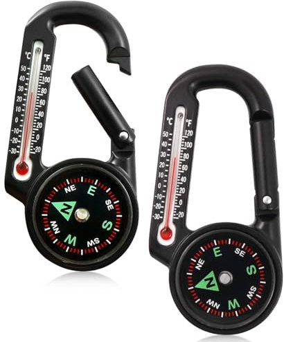 kodivenj 2 Stück Kompass Mit Karabinerhaken, Multifunktionaler Tragbarer Outdoor Camping Wandern mit Thermometer, Wasserfest, Stoßfest, Zink, Acryl