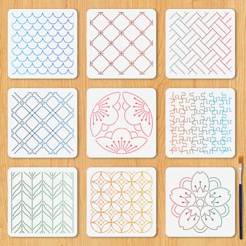 MAYJOYDIY 9 Stück Stickstruktur Schablonen 15x15cm Fischschuppen Wiederverwendbare Geometrische Schablonen Mit Pinsel Blumen Rhombus Linien Malschablonen Für Möbel Fenster Boden Geschenkdekor