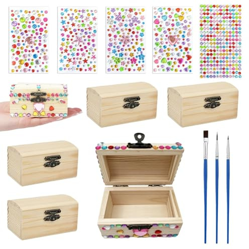 Liten trälåda, 6 stycken små skattlådor, liten trälåda, målning, mini skattkista med lock, rektangulär trälåda, med klistermärken och penslar, för förvaring och dekoration