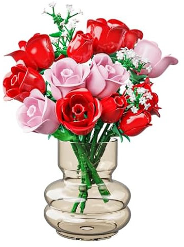 HOGOKIDS Ensemble de construction de bouquet de fleurs avec lumières - Bouquet de 16 roses Blocs de construction botaniques Roses rouges artificielles pour décoration d'intérieur Cadeaux de Noël et