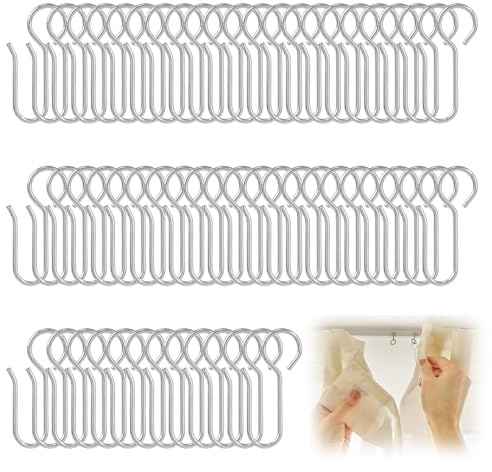 100 Stück Vorhang Haken Set, Metall S Haken Silber, Gardinenhaken für Ringe, Geeignet als Gardinenhaken für Schienen, Gardienenrollhacken, DuschvorhangHaken, Curtain Hooks (35MM)