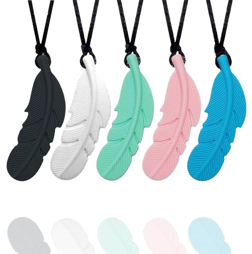 FITULABO Sensory Chew Necklace, 5 Pack Silicone Anxiety Relief Chewy Buddy Toys for Autistic Children, Oral Motor, Autism ADHD SPD (Feather Shape)
