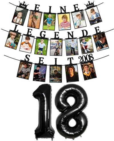 HUKUMA Girlande 18. Geburtstag Junge Schwarz,EINE LEGENDE SEIT 2008,Meilensteine Deko 18. Geburtstag Junge, Fotogirlande zum 18 Geburtstagsdeko - inkl.18 Glitzerkarten für Fotos von 1 bis 18 Jahre