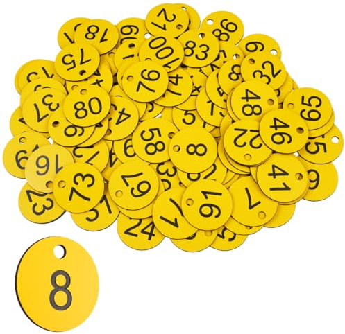 100 StK Kunststoff Nummernschilder,3.5cm Kleine Wasserdichte Zahlenmarken | Runde Nummernschilder 1-100, ID Tags mit Loch, für Garderobe Auto Gepäck, Garderobe Hotel, Ohne Schlüsselringe