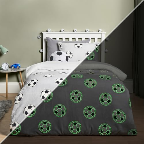OHS Kids Single Duvet Cover Set, Ultra Soft Warm Football Glow In The Dark Kids Bedding Luxurious Comfy Quilt Single Bedding Sets for Boys Girls with Pillowcase, Grey