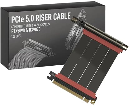 LINKUP - AVA5 Armour PCIE 5.0 Riser Cable | RTX5090 RX9070 GPU Ready | x16 128GB/s Speed | Compatible with PCIe 4.0 & WRX80/WRX90E | Right Angle, Black 10cm (Total Length 14cm)